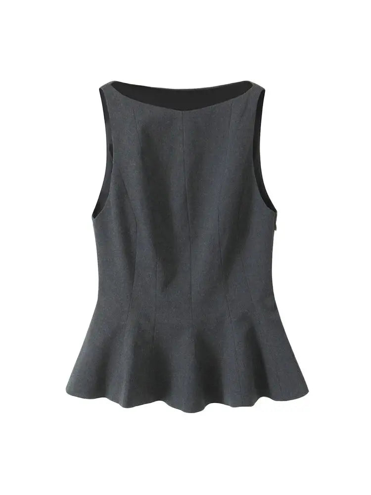 TRZA-Fitted Ruffled Blouses for Women, O Neck, Sleeveless, Side Zipper, Female Shirts, Chic Tops, Fashion
