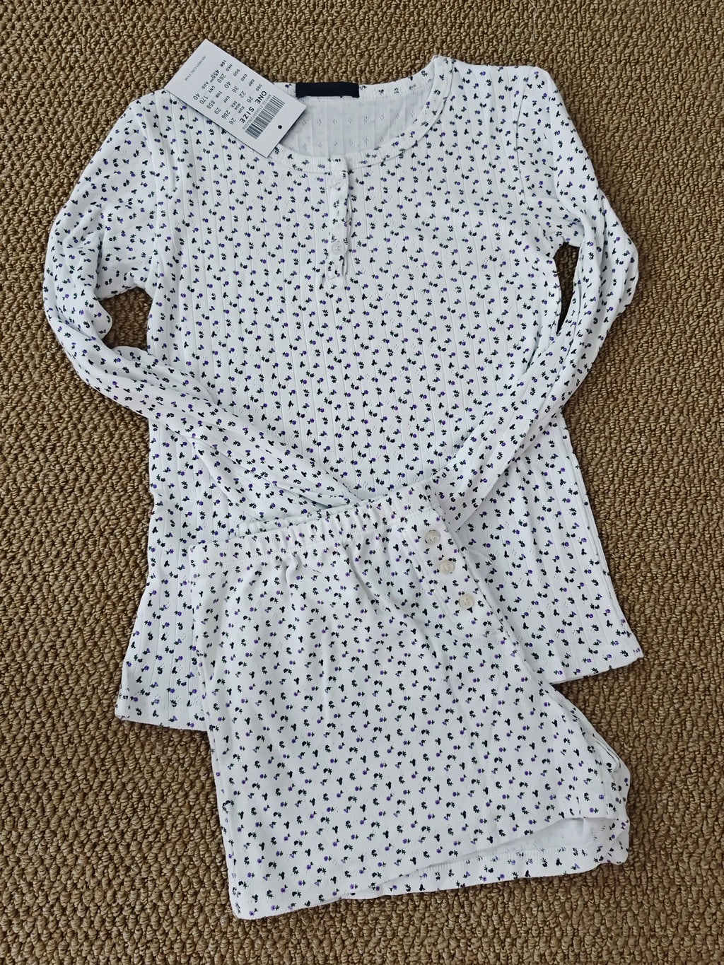 Eyelet Buttons White Long Sleeve T-shirt Shorts Set Woman Slim Tees+Elastic Straight Sweatshort Cotton Home Pajama 2 Piece Sets