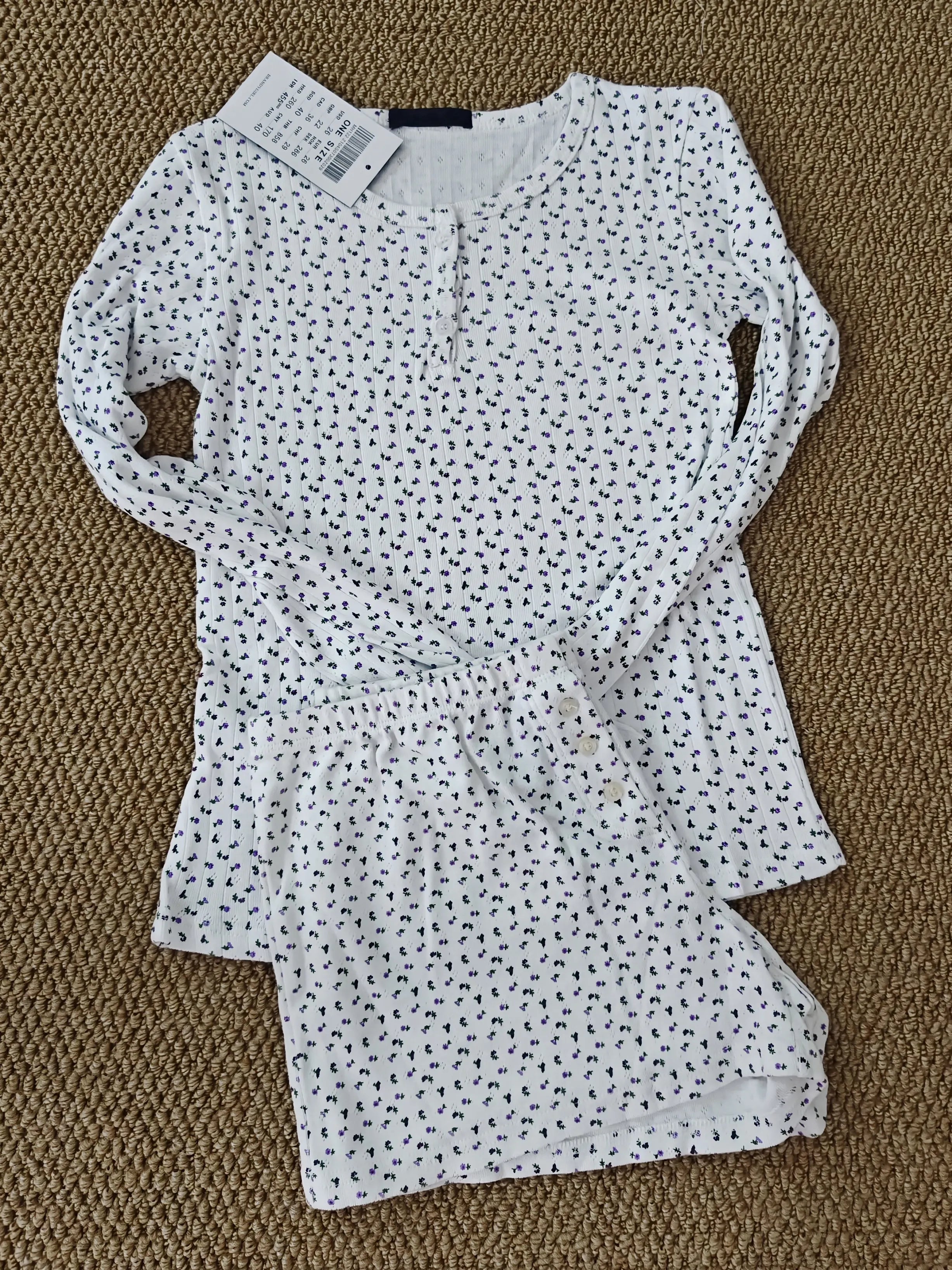 Eyelet Buttons White Long Sleeve T-shirt Shorts Set Woman Slim Tees+Elastic Straight Sweatshort Cotton Home Pajama 2 Piece Sets