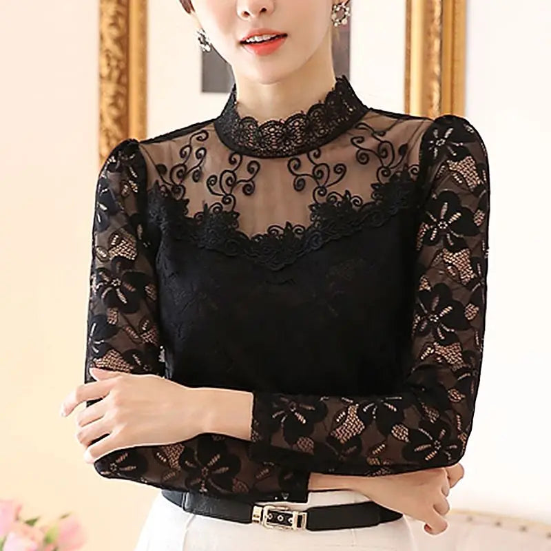 Women's Long-sleeved Lace Base Shirt 2024 Autumn New Trendy Women's Top Slim-fit Inner Wear Stand-up Collar Chiffon Blouse