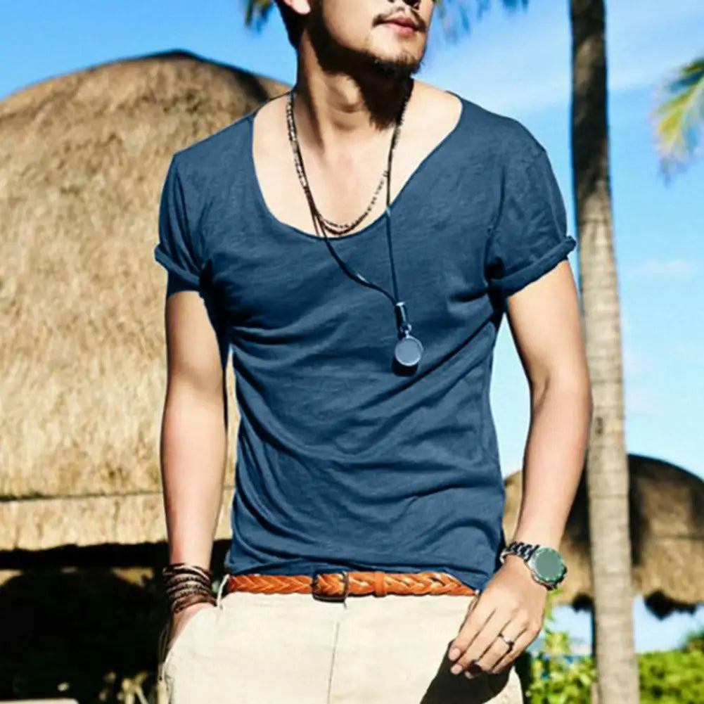 Men Summer T-shirt Large V Neck Thin Casual Male T-shirt Solid Color Slim Fit Breathable Short Sleeves Stretchy Men Top