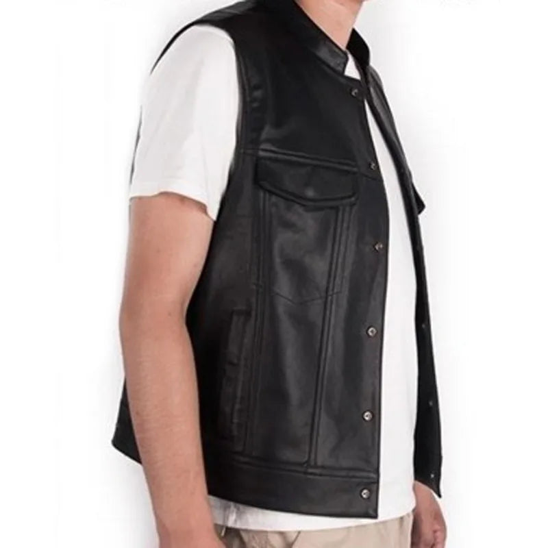 Solid Color Mens Faux Leather Vest Motorcycle Standing Collar Leather Vest Team Punk Shoulder Vest for Men