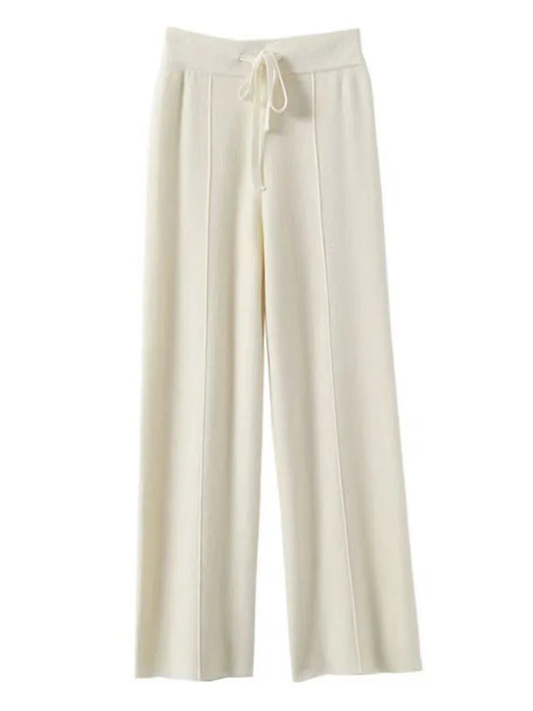 100% Pure Wool Pants Cashmere Wide Leg Trousers Women's Long Britches Knit Loose Daks Casual Pants Autumn Winter High Waist Daks