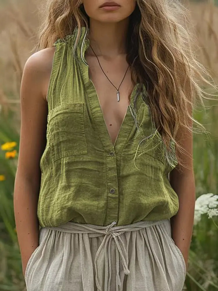 Elegant Sleeveless Women's Shirt Casual Loose Cotton And Linen Solid Color V-neck Vest Tops Fashion Pocket Button Up Blouse