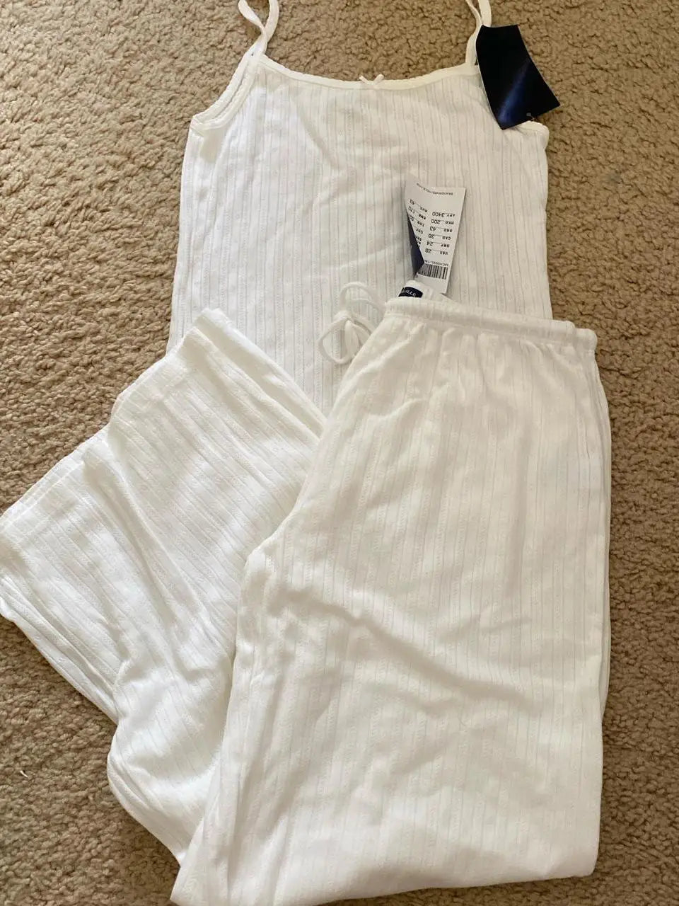 Eyelet White Tank Pant Home Set Woman Bow Slim Crop Top+Elastic High Waist Straight Trousers Summer Cotton Pajama 2 Piece Sets