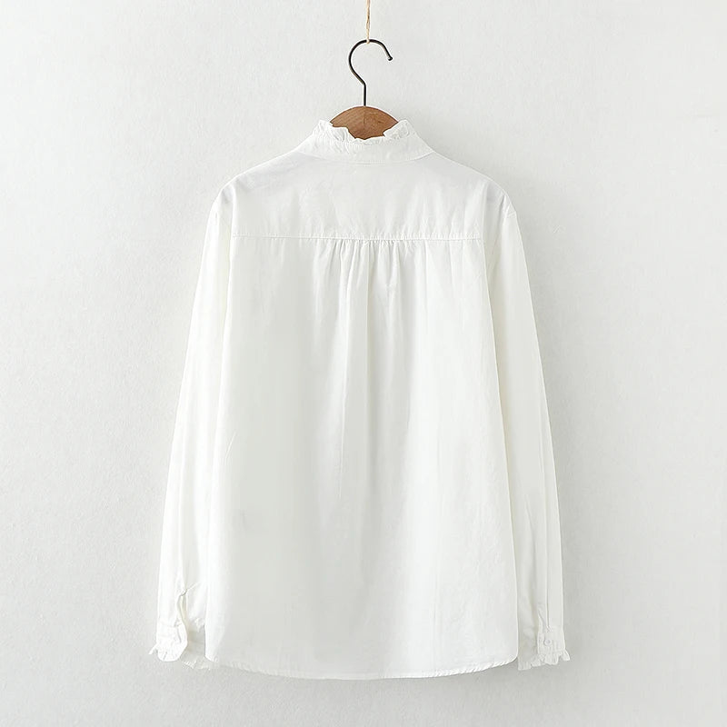 Embroidery Cotton Women's Long Sleeve Shirts 2024 Autumn New Art Jacquard Ladies Lace Collar White Casual Blouses & Tops