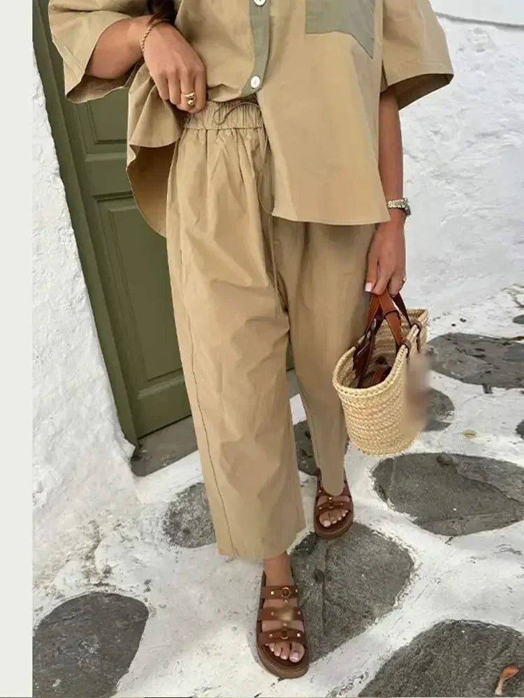 Women Casual Straight Wide Legs Pants Set Loose Lapel Half Sleeve Single-breasted Contrast Pocket Shirt Suits Lady Office Outfit