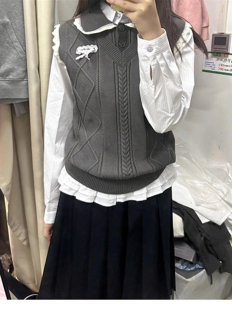 HOUZHOU White Striped Women's Shirt Long Sleeve Floral Embroidery Korean Fashion Blouses Ruffles Loose Preppy JK Spring New