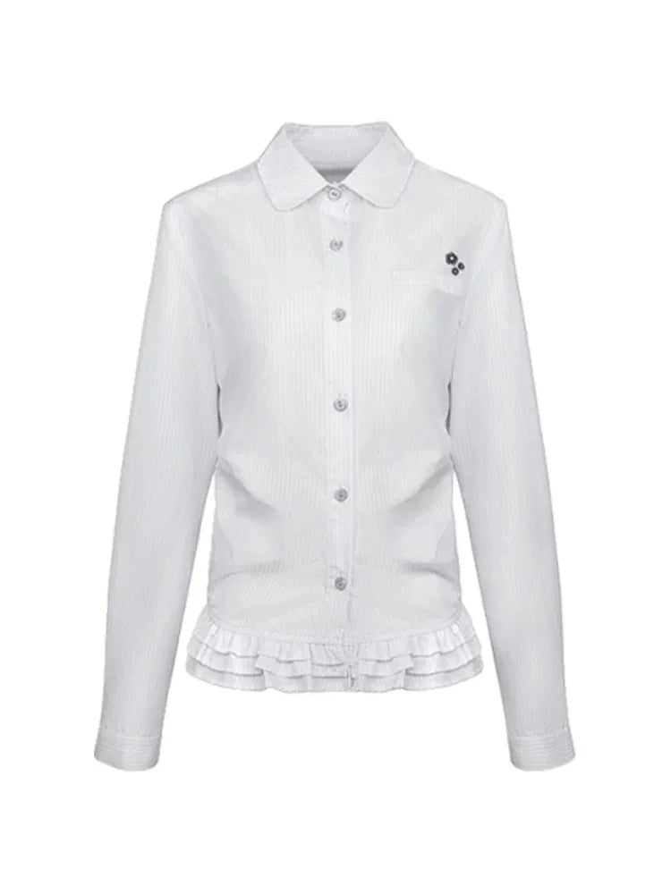 HOUZHOU White Striped Women's Shirt Long Sleeve Floral Embroidery Korean Fashion Blouses Ruffles Loose Preppy JK Spring New