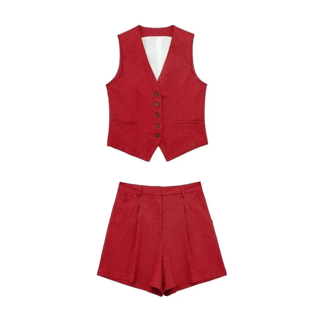 TRAFZA Women Vinatge Fashion Shorts Set Solid White Sleeveless Vest+Pockets Pants Female Two Pieces Set Street Roupa De Mujer