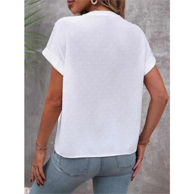 2024 Summer New Solid Color Jacquard V-neck Button Women's Shirt Elegant Office White Cardigan Shirt Loose Tops Blusa Feminina
