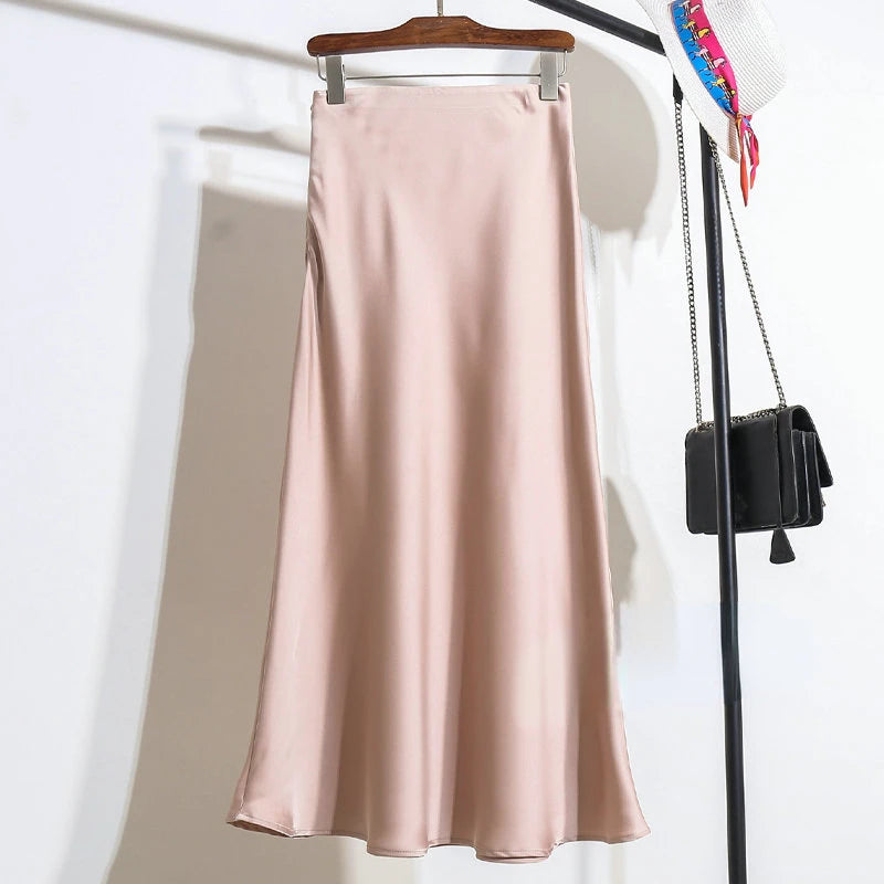 Women's Long Skirt 2024 New Fashion Satin Skirt Office Lady Elastic Waist Solid Champagne Purple Red Silk A-LINE Skirt for Women