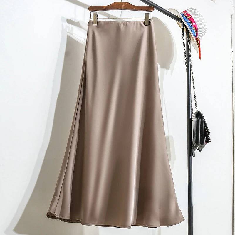 Women's Long Skirt 2024 New Fashion Satin Skirt Office Lady Elastic Waist Solid Champagne Purple Red Silk A-LINE Skirt for Women