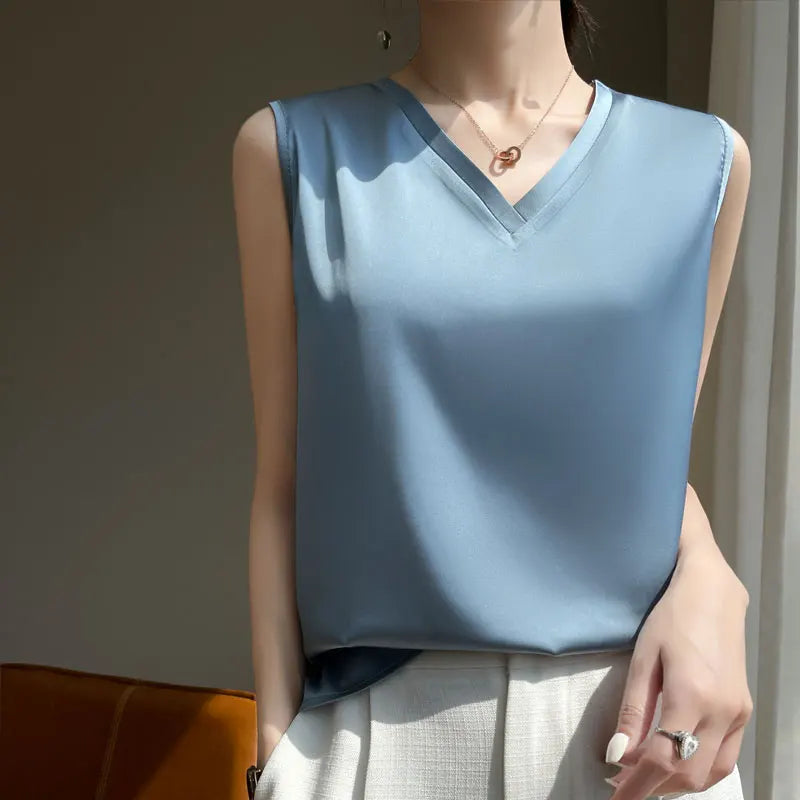 V-Neck Silk Vest Women's Summer Short-Sleeved Blouse With Acetic Acid Satin Top Sleeveless Bottoming Shirt YTM A39