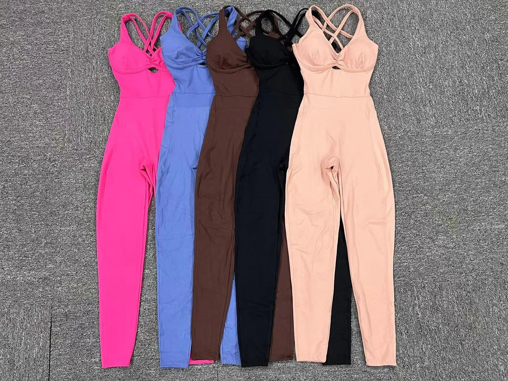 QYJNG Sport Bodycon Jumpsuits Women Sportswear One Piece Yoga Set Hollow Cross Backless Gym Fitness Overalls Training Outfit New