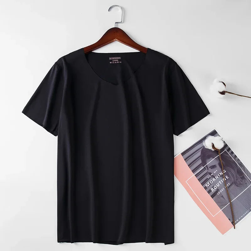Men's Skinny Undershirt Plus Size Ice Silk Basic Shirts Breathable V-Neck Seamless T-shirt Underwear Thin Slim Bottoming Shirt