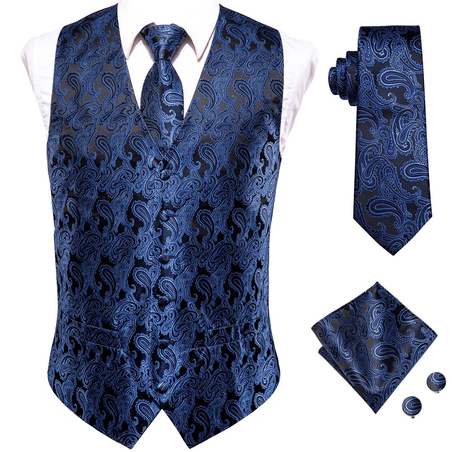 Hi-Tie Navy Blue Mens Vest Formal Silk Paisley Waistcoat Jacket Tie Handkerchief Cufflinks Set For Male Dress Suit Wedding Party
