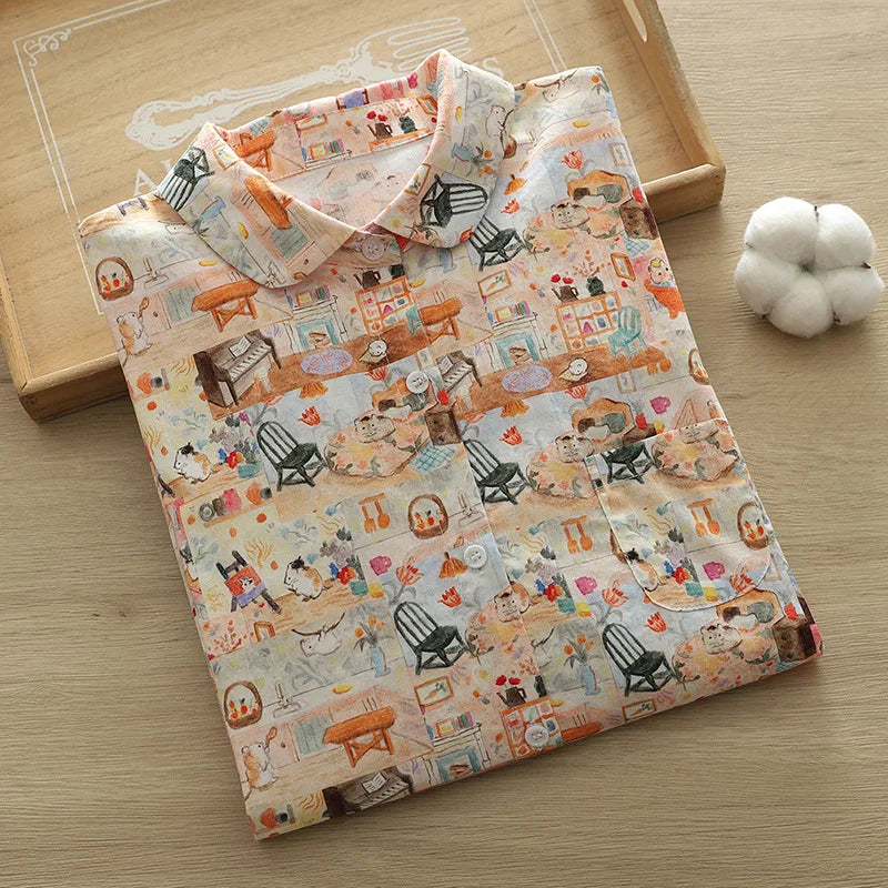 100% Cotton Shirts Women Autumn Spring Japan Style Flower Print Tops Morigirl Long Sleeve Blouses Mori Kei Clothing