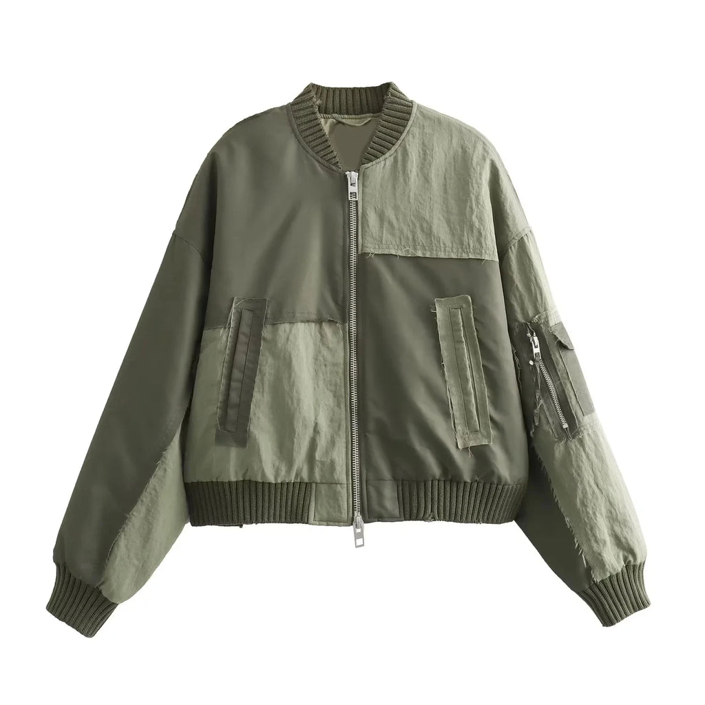 KONDALA Streetwear Armygreen Bomber Jackets Women Patchwork Zipper Pockets Oversized Jackets Fashion 2025 Winter Spring Coats