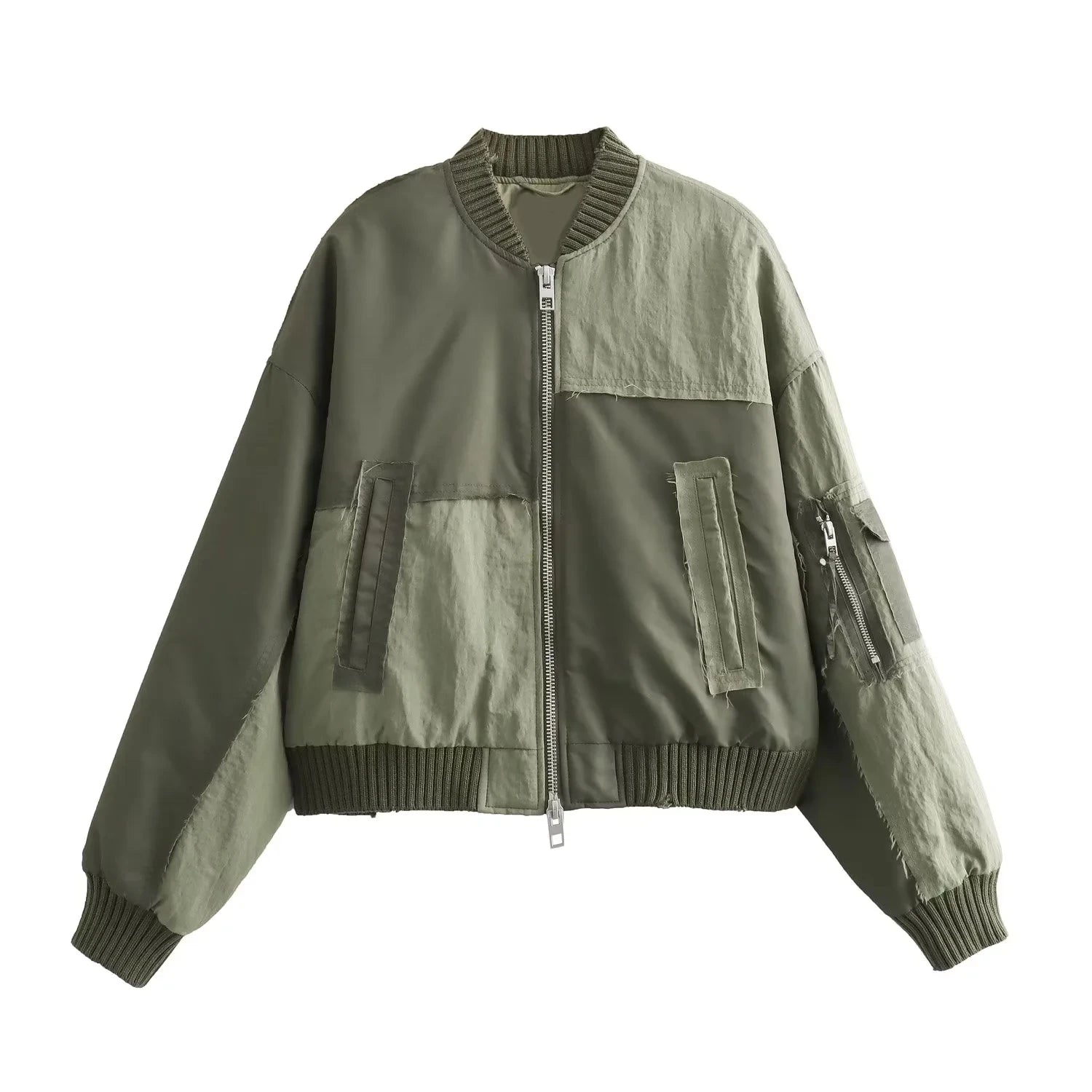 KONDALA Streetwear Armygreen Bomber Jackets Women Patchwork Zipper Pockets Oversized Jackets Fashion 2025 Winter Spring Coats
