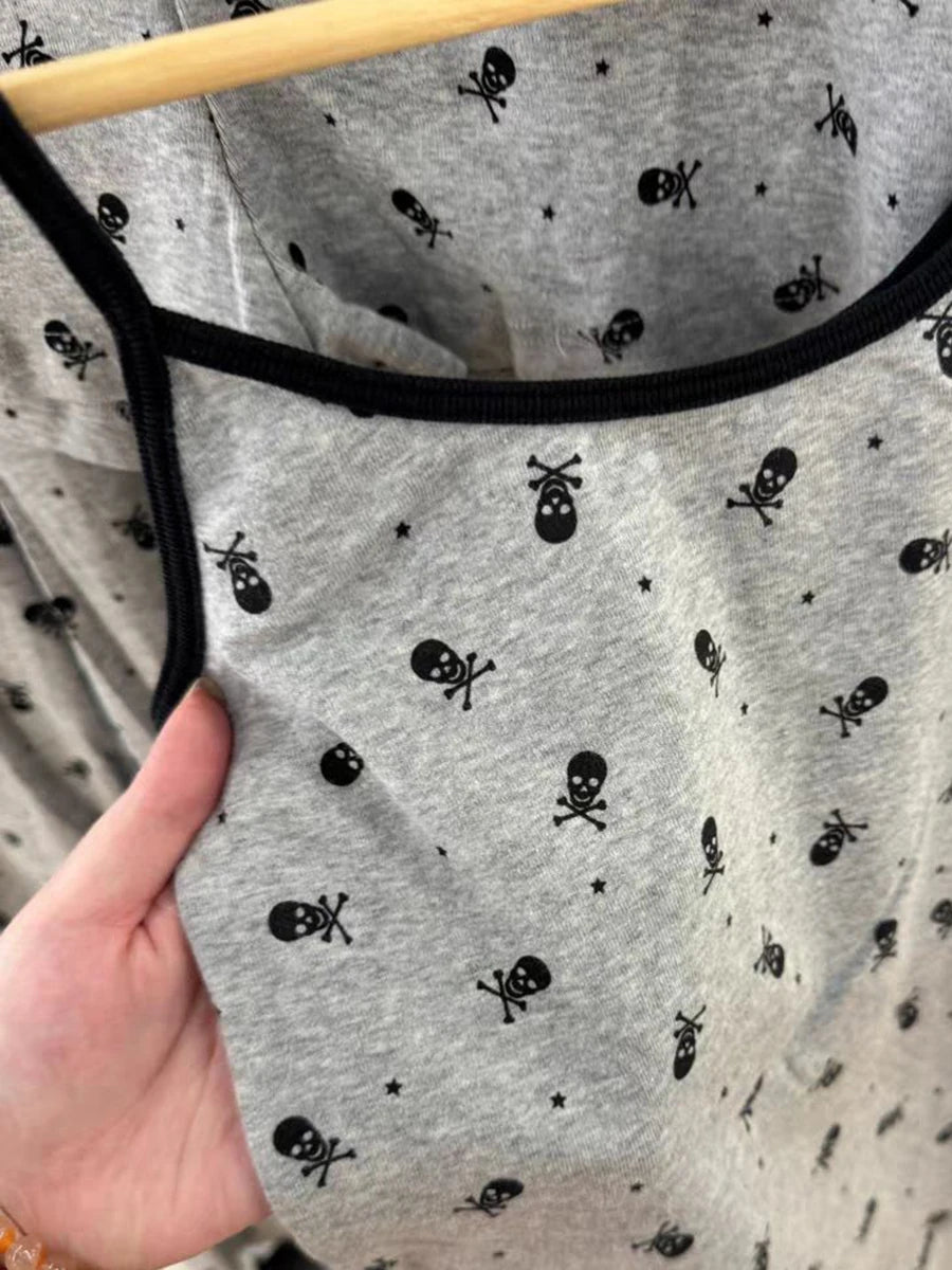 Skull Print Gray Vest Pants 2 Pieces Set Pajama Woman Sleeveless Slim Tank Top High Waist Straight Long Pant Cotton Vintage Sets