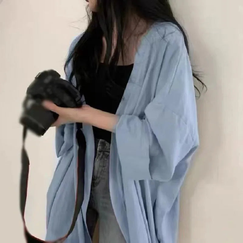 Summer Korean Version Loose Fit Women's Long Cardigan Summer Solid Color Breathable Thin Windbreaker Sunscreen Clothing