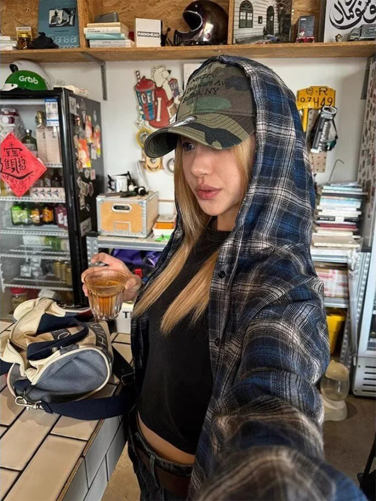 HOUZHOU Vintage Plaid Shirts Women Harajuku Long Sleeve American Style Drawstring Hooded Blouses Loose Casual Streetwear Spring