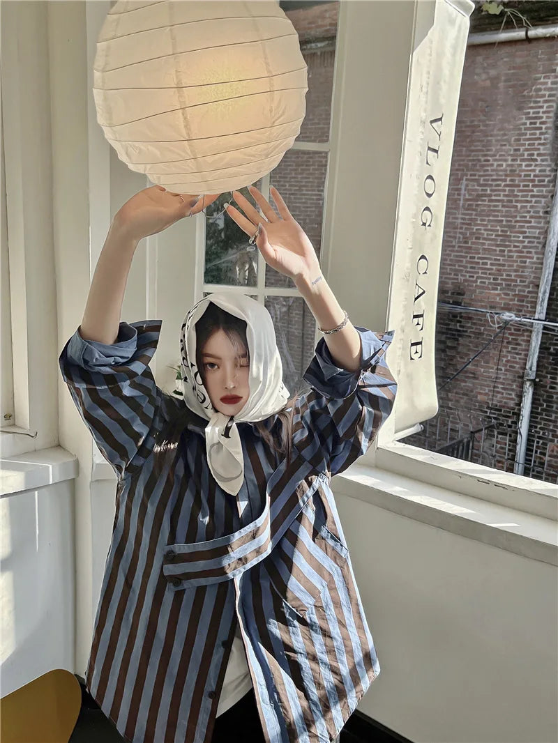 Korean striped shirt with asymmetrical personality, casual and fashionable lapel, loose fitting shirt  blouse  shirts