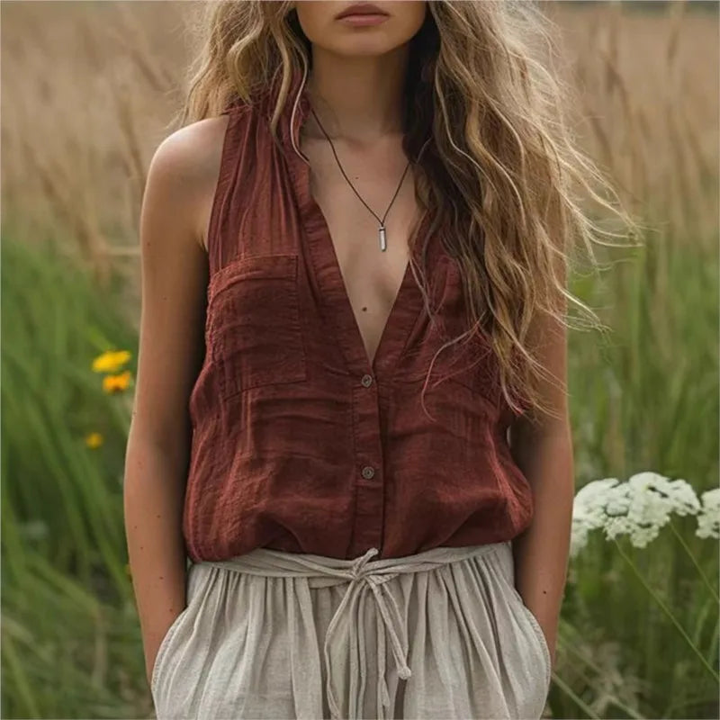 Elegant Sleeveless Women's Shirt Casual Loose Cotton And Linen Solid Color V-neck Vest Tops Fashion Pocket Button Up Blouse