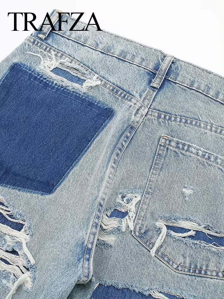 TRAFZA 2024 Women's Street Fashion Denim Blue Jeans Distressed Patchwork High Waist Zipper Fly Ripped Retro Long Pants