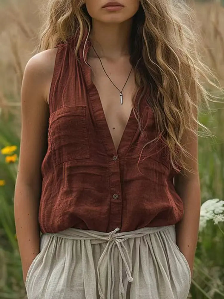 Elegant Sleeveless Women's Shirt Casual Loose Cotton And Linen Solid Color V-neck Vest Tops Fashion Pocket Button Up Blouse