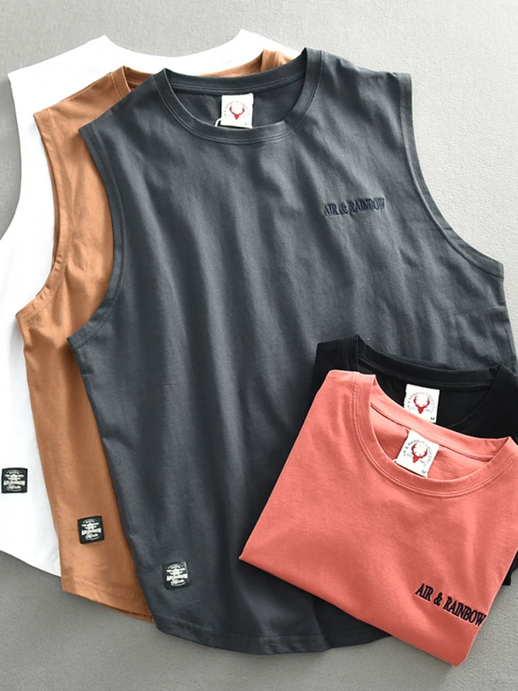 Summer New American Retro Sleeveless O-neck Letter Embroidery T-shirt Men's Fashion 100% Cotton Washed Casual Sports Vest Tops