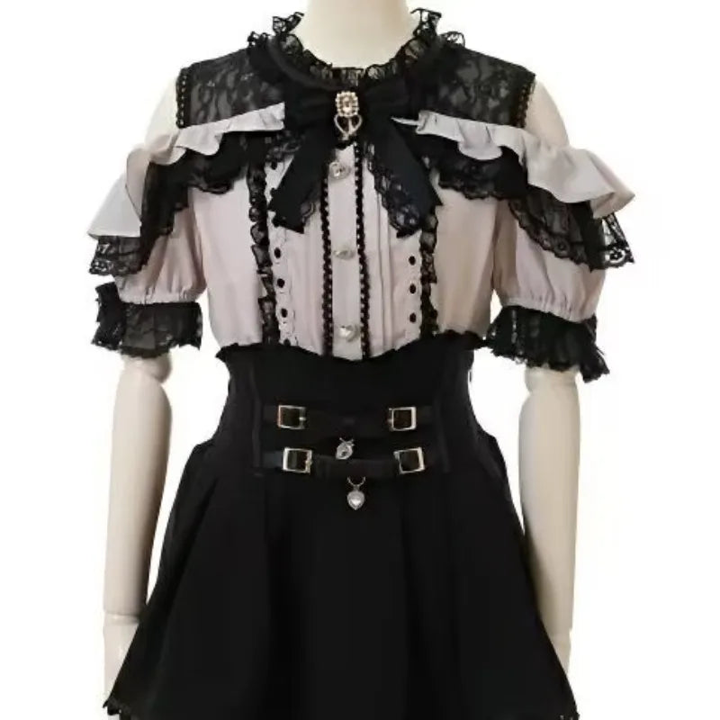 Harajuku Sweet Blouses Women Lolita Elegant Love Heart Bow Off Shoulder JK Shirt Girls Casual Lace Ruffles Y2k Tops Mujer Blusas