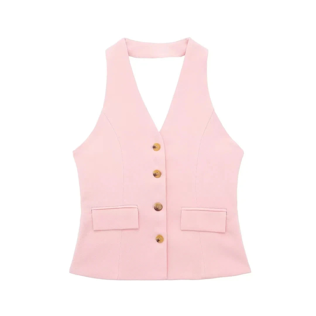 TRAFZA Women Fashion Solid Pant Suit Halter Single Breasted Sleeveless Blazer Vest Top Zipper Fly Trousers Office Lady Sets