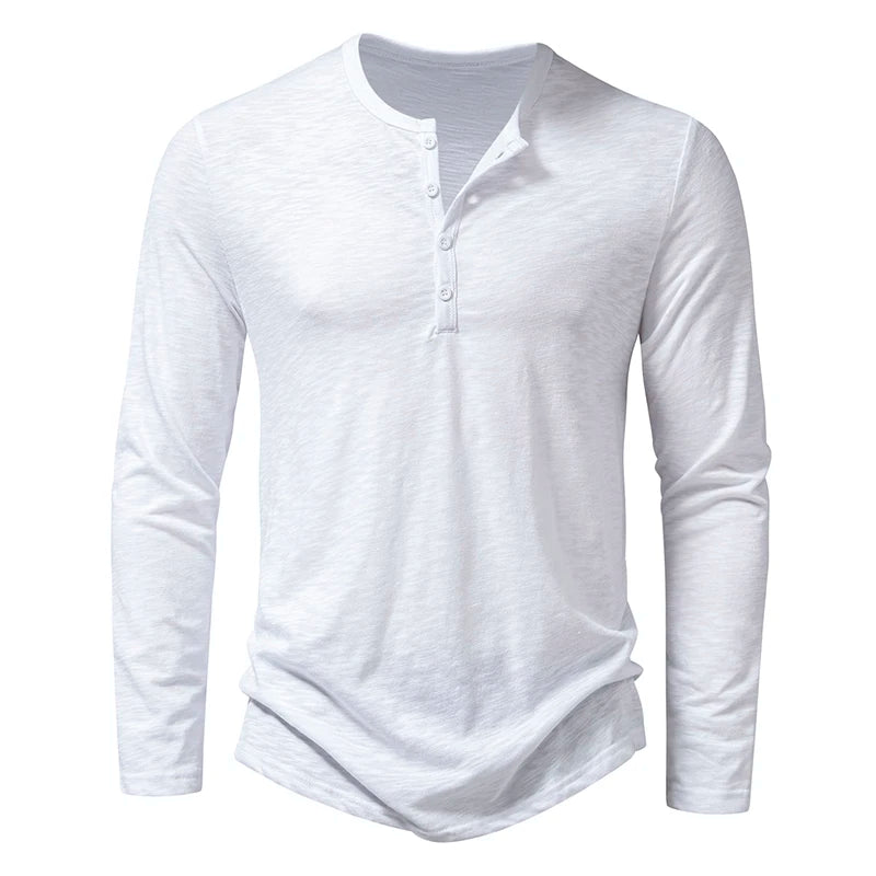 New Men's Cotton Henley T Shirt Long Sleeve T-Shirts Basic Casual Button Collar Breathable Daily Top Tees