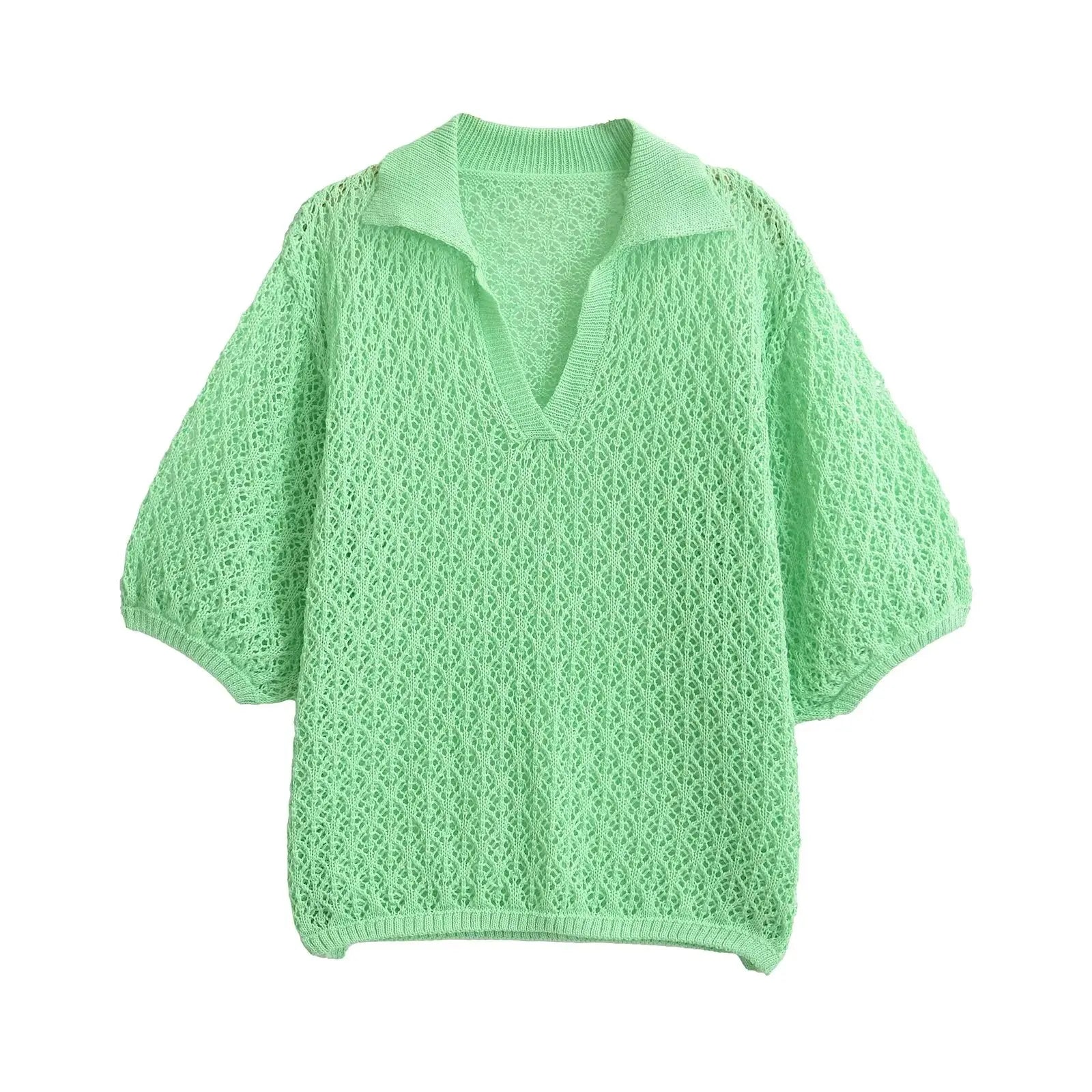 TRAFSHE Women Fashion Jacquard Solid Knitted Hollow Out Pullover Sweater Vintage Lapel Neck Short Sleeve Female Chic Lady Tops