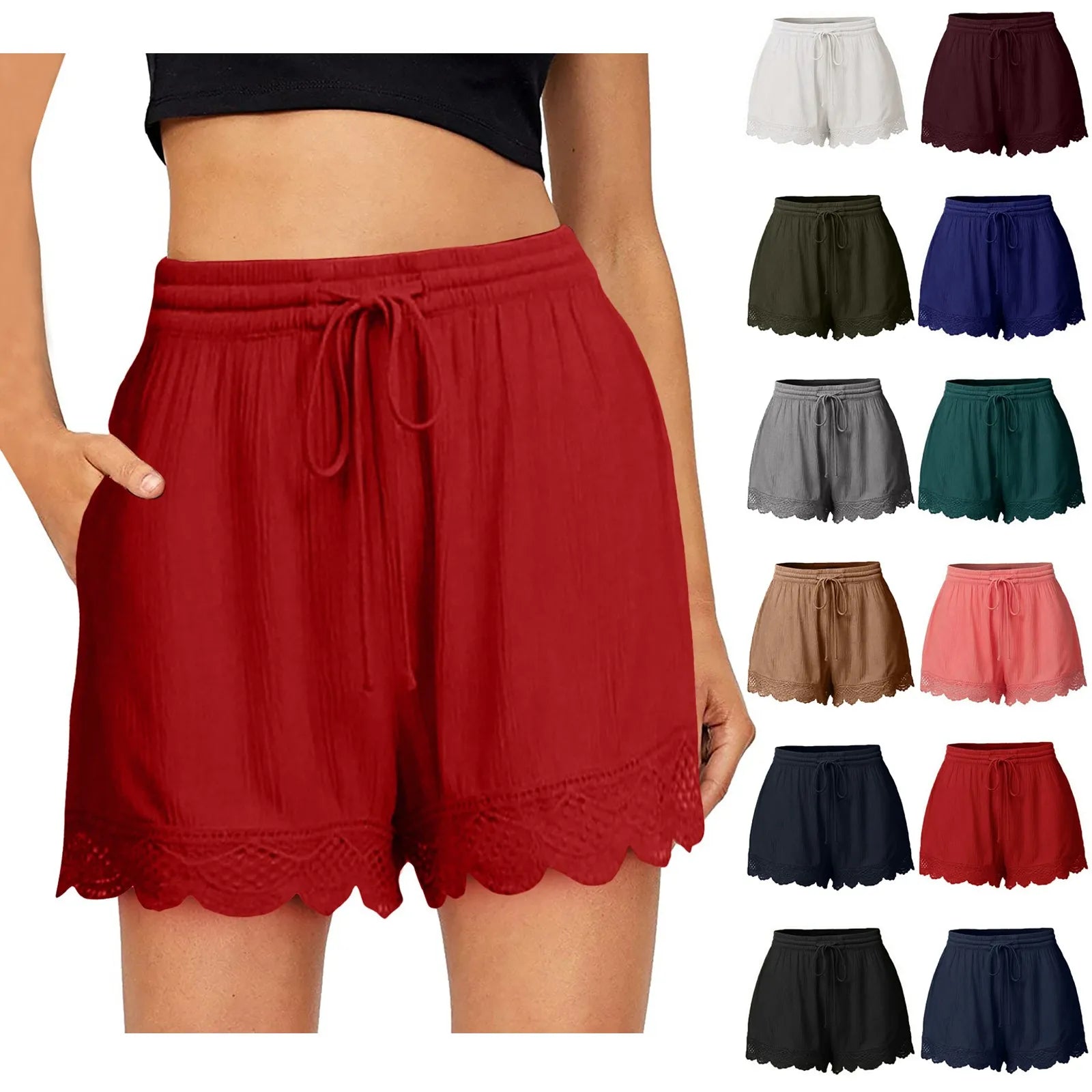 Women Lace Up Shorts Summer Casual Elastic Waist Wide Leg Sweat Fitness Running Short 2024 High Quality Thick Fabric Mini Shorts
