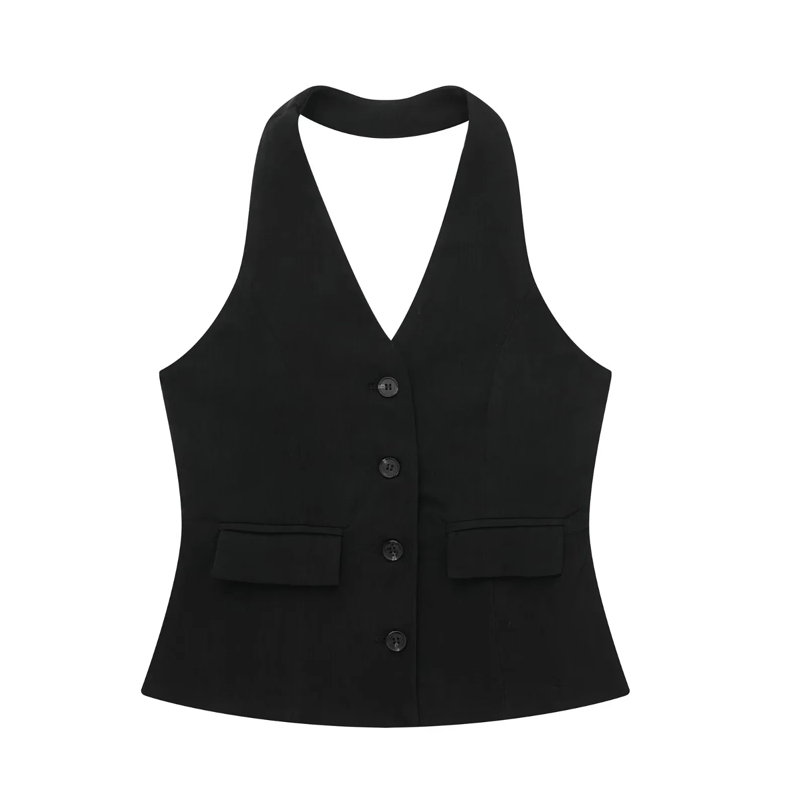 TRAFZA Women Fashion Solid Pant Suit Halter Single Breasted Sleeveless Blazer Vest Top Zipper Fly Trousers Office Lady Sets