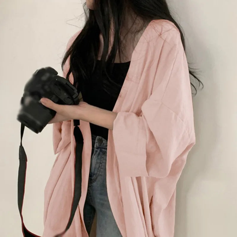 Summer Korean Version Loose Fit Women's Long Cardigan Summer Solid Color Breathable Thin Windbreaker Sunscreen Clothing