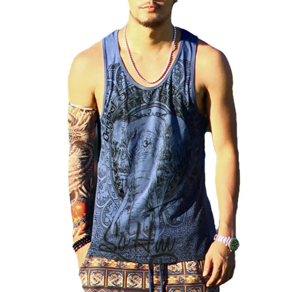 Grey Men Tank Top Casual Fitness Singlets Brand Mens Sleeveless Gasp Hip Hop Vest Elephant Print Cotton undershirt 2019 Vintage