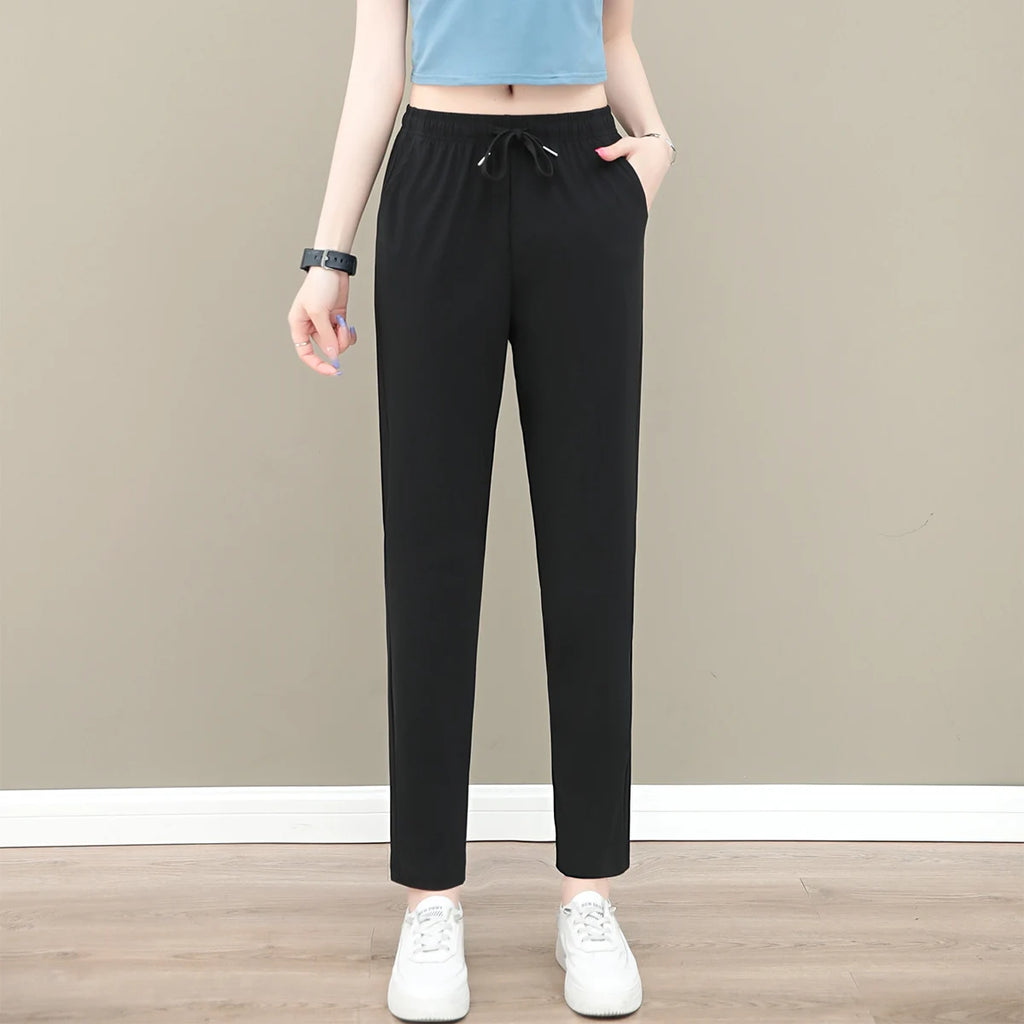 New Women'S Fashion Loose Summer Thin Ice Silk Pants Mom'S Casual High Waist Comfortable Versatile Sports 9-Point Trousers