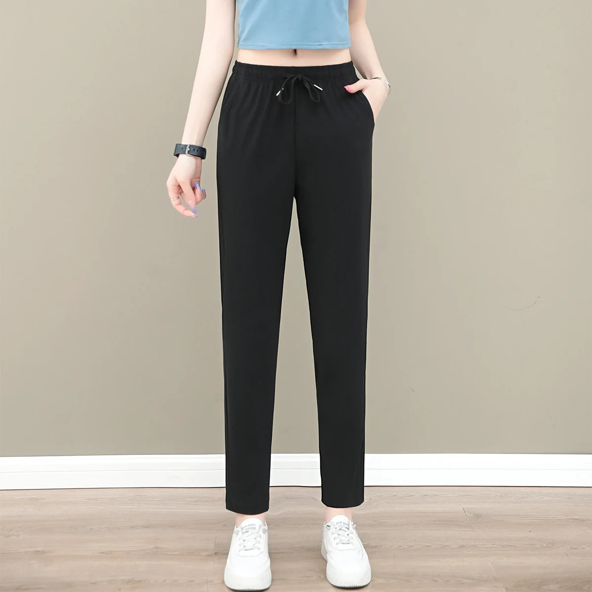 New Women'S Fashion Loose Summer Thin Ice Silk Pants Mom'S Casual High Waist Comfortable Versatile Sports 9-Point Trousers