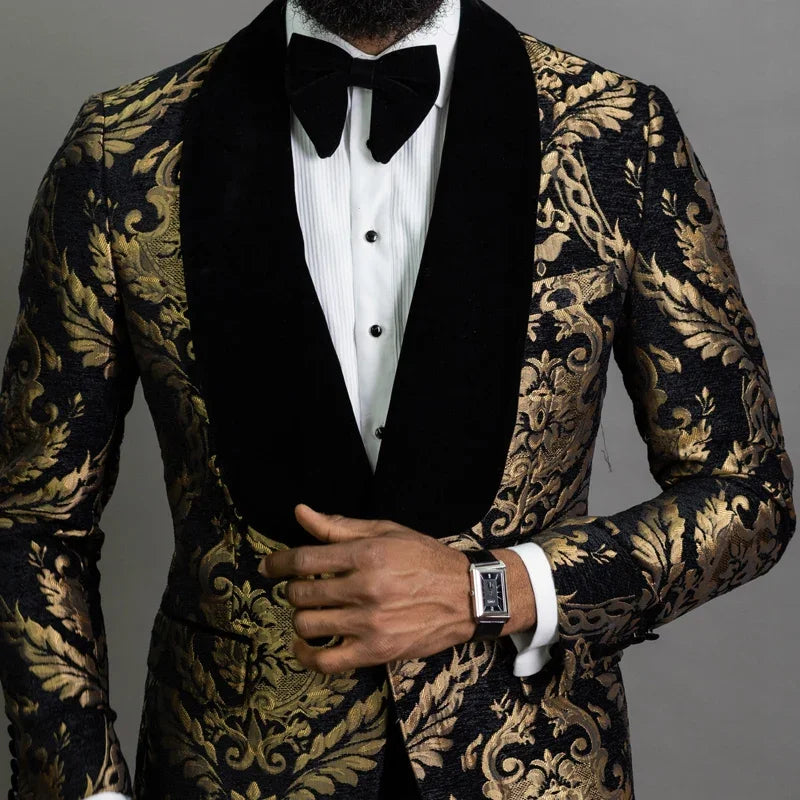 Floral Jacquard Blazer for Men 1 Piece Male Suit Jacket with Velvet Shawl Lapel Slim Fit for Prom African Fashion Wedding Groom