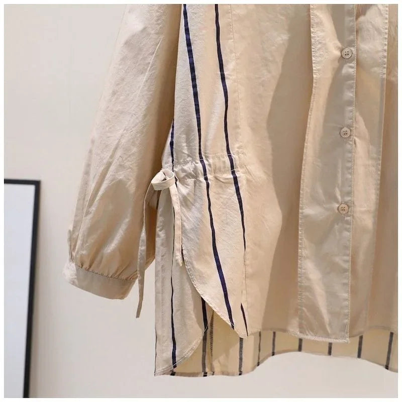 95% Cotton Shirts Women Fashion Stripe Design Khaki Blouses Drawstring Waist Loose Long Sleeve Shirt Spring Summer Literary Tops