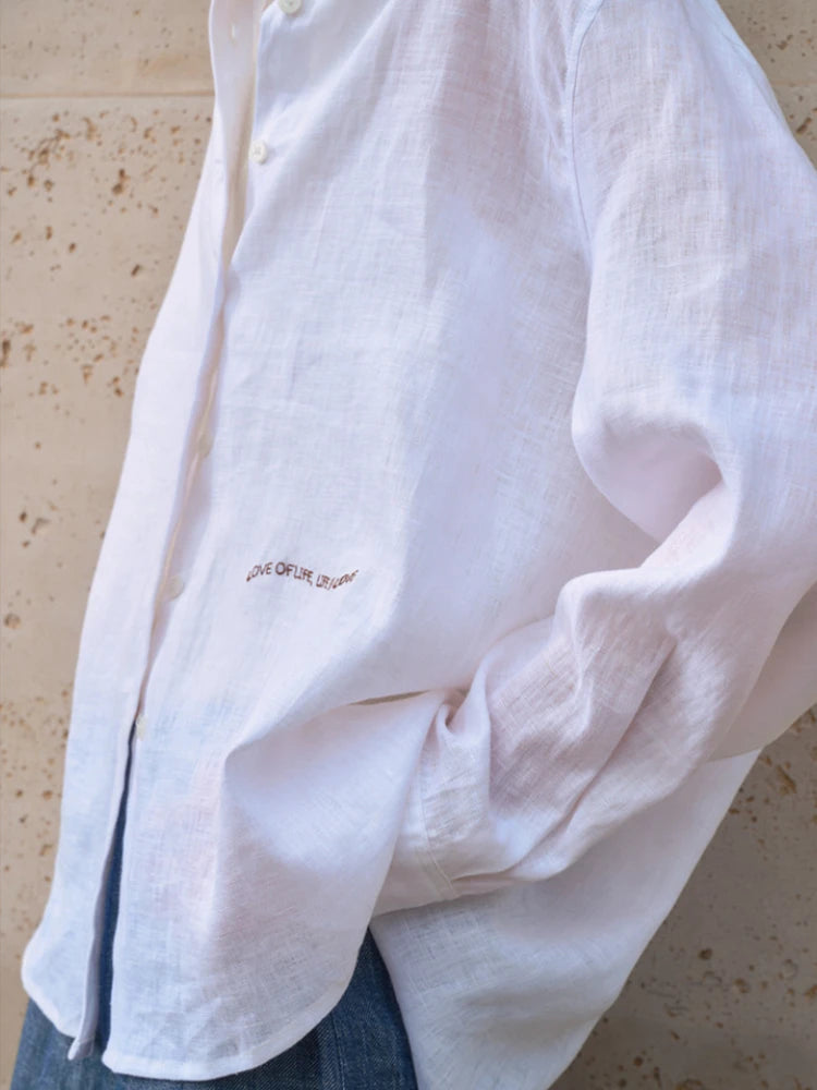 100% Linen Shirt Women 2025 Spring And Summer New Casual Lapel Sunscreen Cardigan Embroidery Long-Sleeved White Shirts