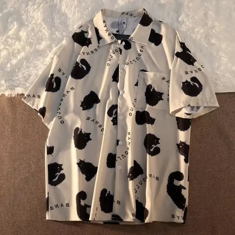 2023 Cat Graffiti Shirt Street Style Crop Top Women Summer Women's Shirts 2023 Short Sleeve Cool Blouse Korea Shirt for Women