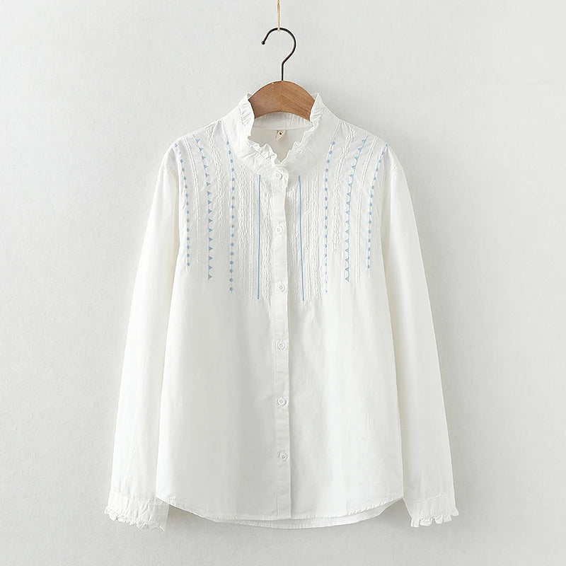Embroidery Cotton Women's Long Sleeve Shirts 2024 Autumn New Art Jacquard Ladies Lace Collar White Casual Blouses & Tops