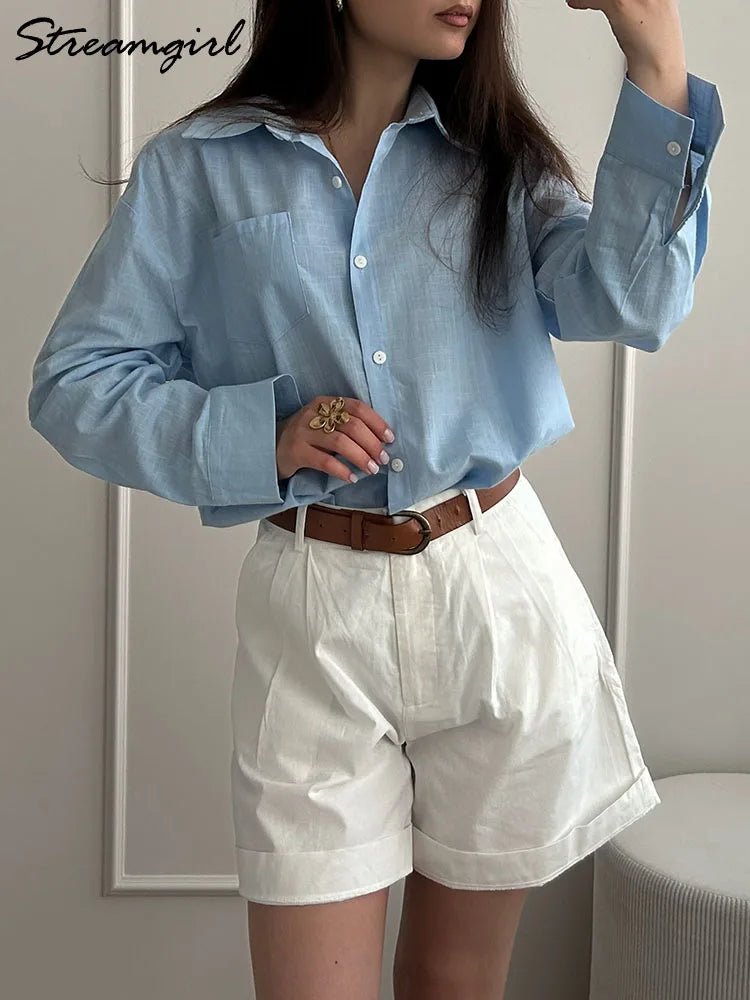 Blue Oversize Women Cotton Linen Shirts And Blouses Long Sleeve Summer Basic White Office Women Shirts Loose Top For Woman Linen