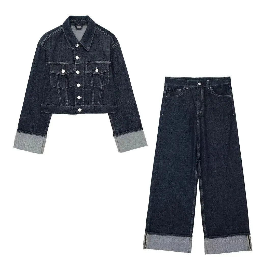 TRAFZA 2024 Autumn Female Vintage Denim Suit Long Sleeve Single Breasted Lapel Coat+High Waist Wide Leg Jeans Street Fashion Set