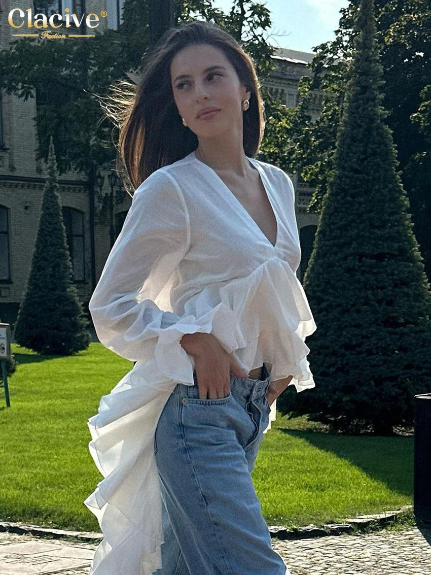 Clacive Sexy Loose White Women's Shirt 2025 Fashion V-Neck Long Sleeve Shirts Elegant Ruffle Irregular Top Female Clothing